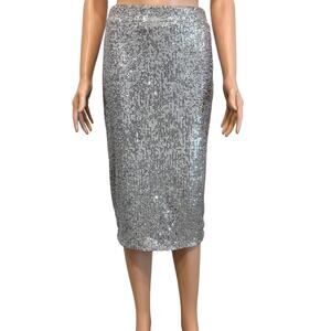 Rachel Zoe small silver sequin pencil midi stretch skirt SK 2055